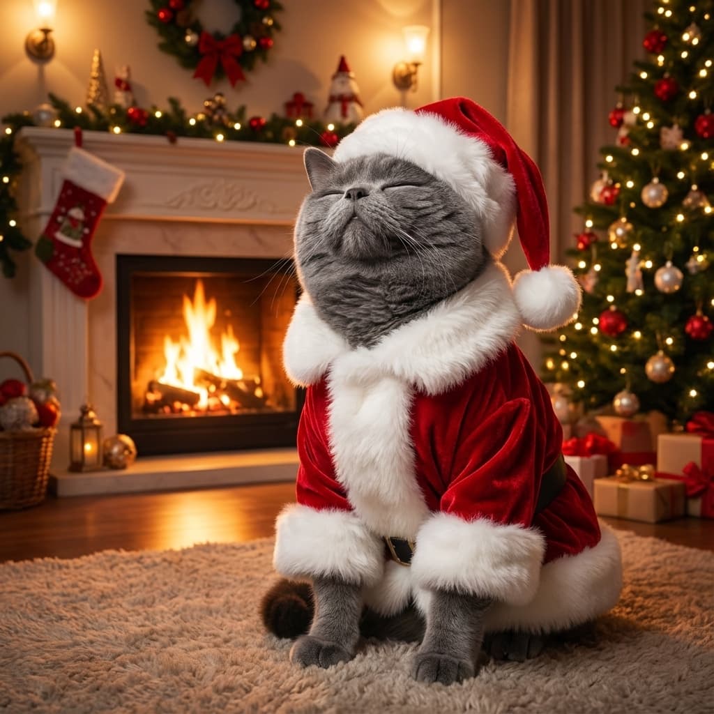Christmas themed AI pet portrait with Santa costume